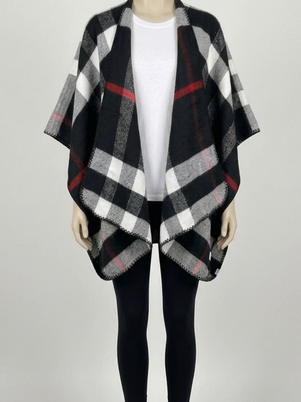 Open-Front Plaid Poncho Sweater - Black, White & Red